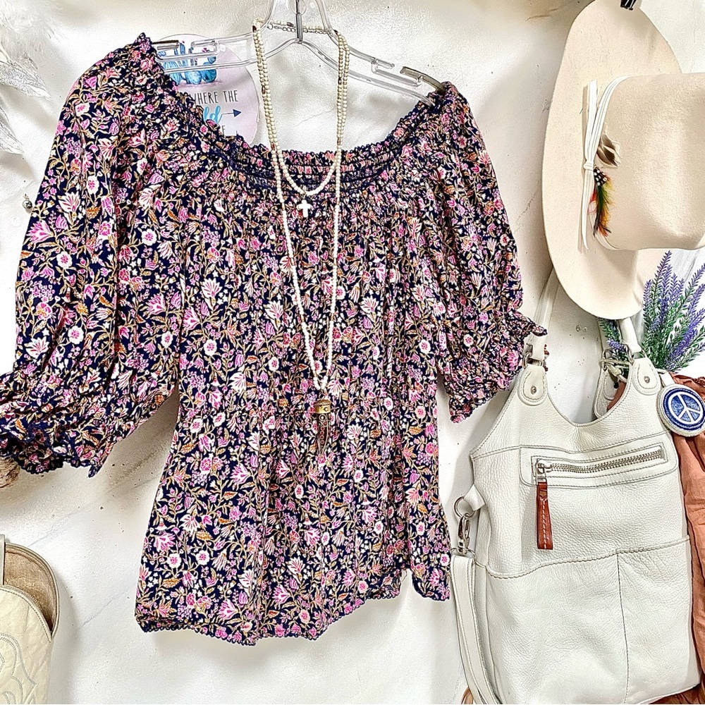 Ballon sleeves boho prairie vibe floral blouse w shabby chic farmhouse feel
